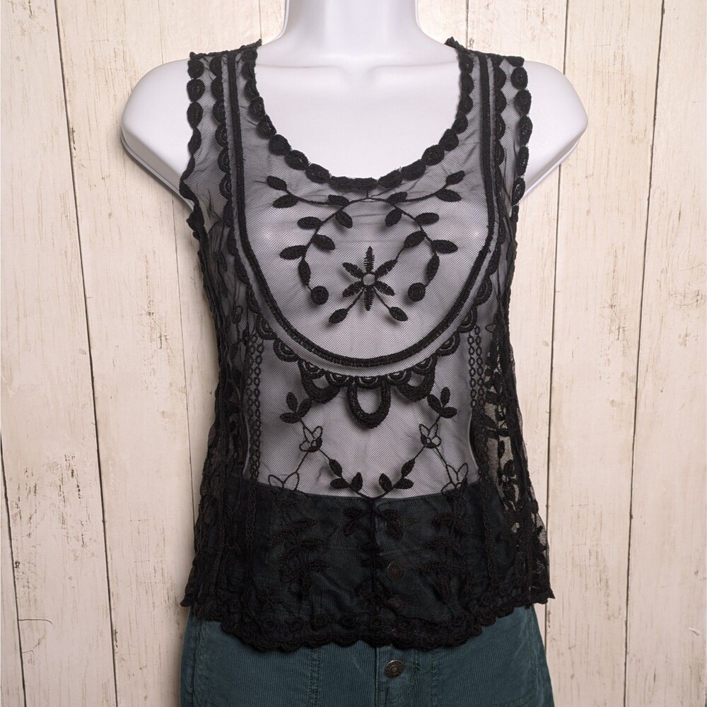 Black Sheer Embroidered Lace Tank Top Y2K Whimsigoth Fairy Festival Floral Small
